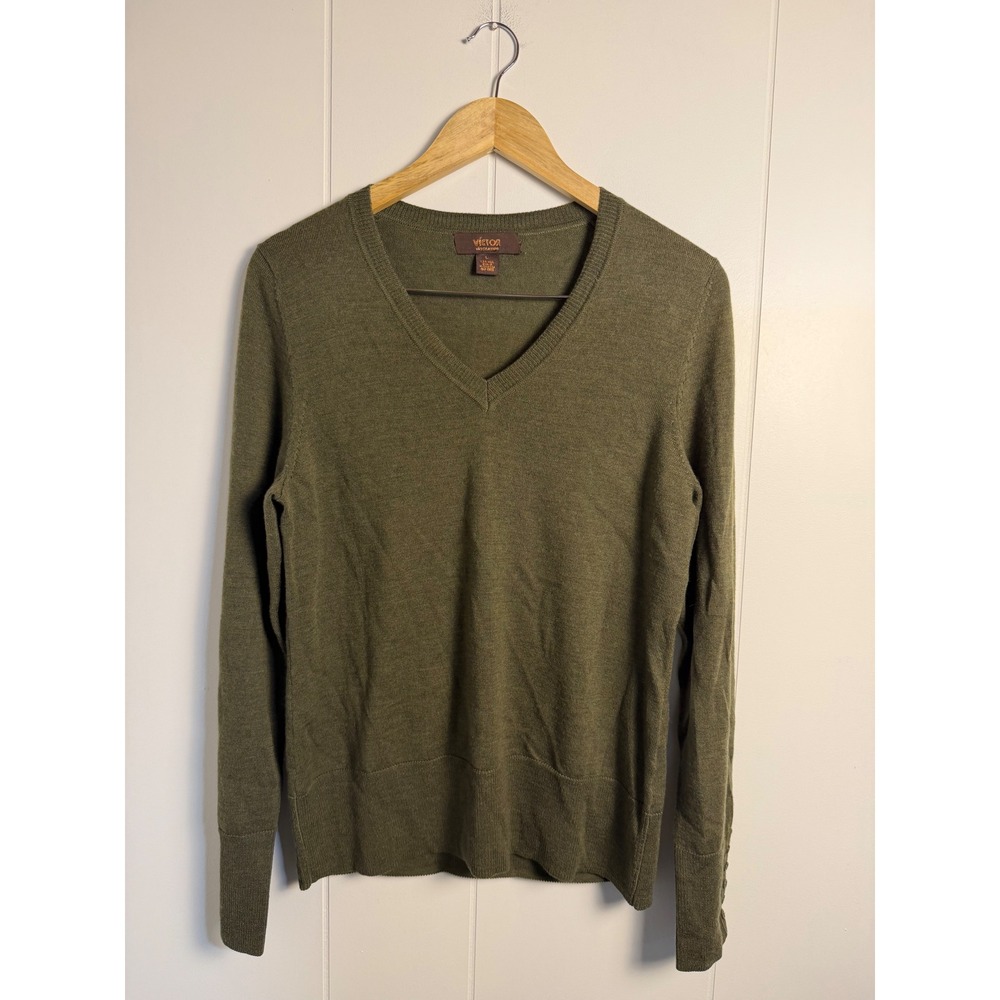 100% Wool Victor Alfaro Sweater L Olive Green V-Neck Button Cuff